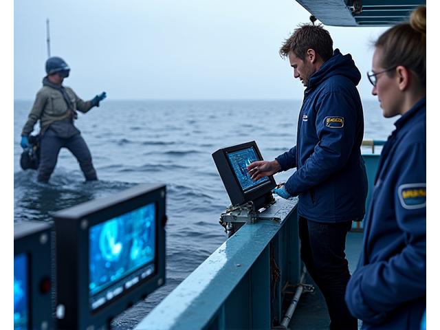 研究者が海洋調査船でデータ収集を行う様子