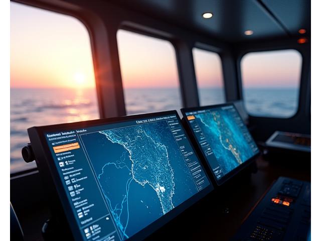 船舶のブリッジで表示される最先端のナビゲーションソフトウェアの画面